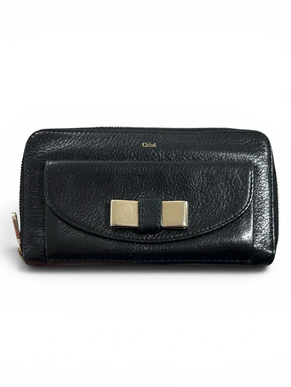 Chloe Black Pebbled Leather & Gold Bow Large Zip Around Zippy Wallet w.Dust Bag